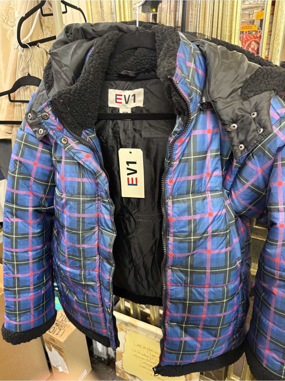 NWT EV1 by Ellen DeGeneres Blue Plaid Winter Puffer Jacket Fleece Hood Medium